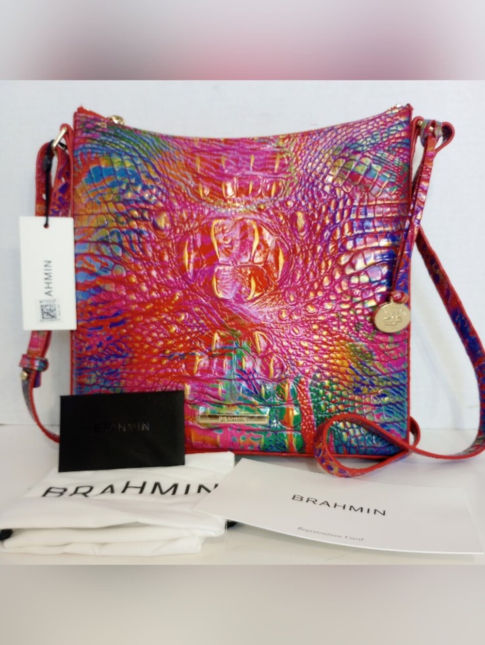NWT Brahmin Katie Rainbow Fish Melbourne Croc Embossed Leather Crossbody Bag